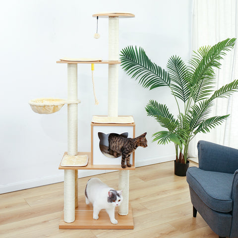 Domestic Delivery Wooden Modern Cat Tower Cat&#39;s Activity Cat Furniture with Removable and Washable Mats for Kitten Large Cats