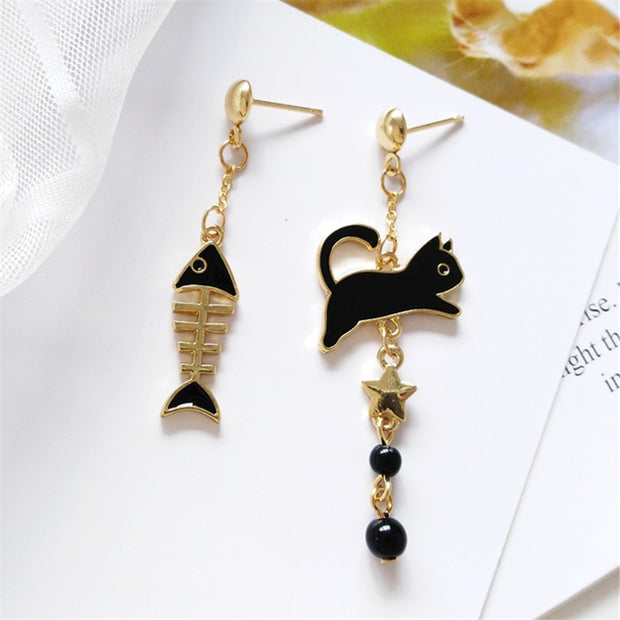 Fashion cat fish bone asymmetry earrings Gold stars Black cat earrings female popular cat eat the fish stud earrings for women