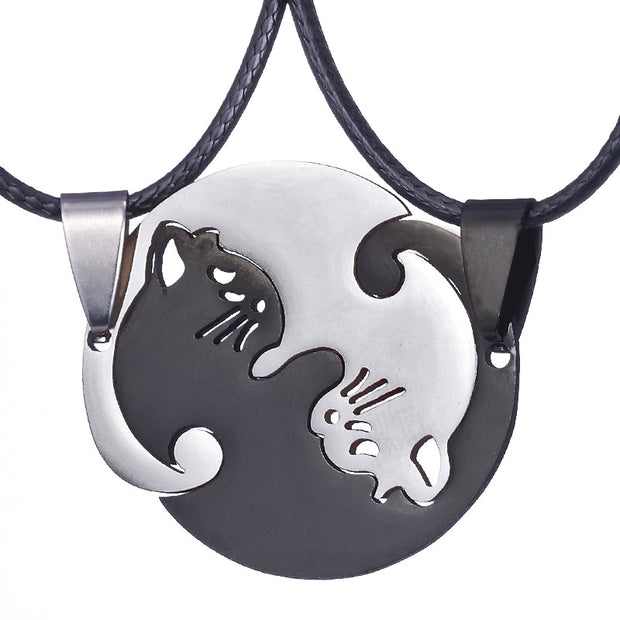 Hot Stainless Steel White Black Pet Cat Kitty Pendant Puzzle Matching Necklace Chain For Couple Lover Valentine