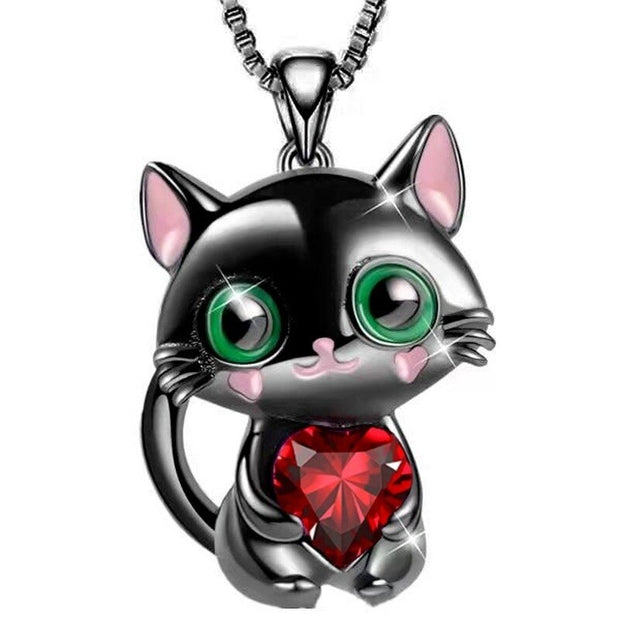 Luxury Designer Jewelry Black Cat Heart Crystal Necklace for Women Animal Lovely Cat Pendant Valentines Day Gift Collares Mujer