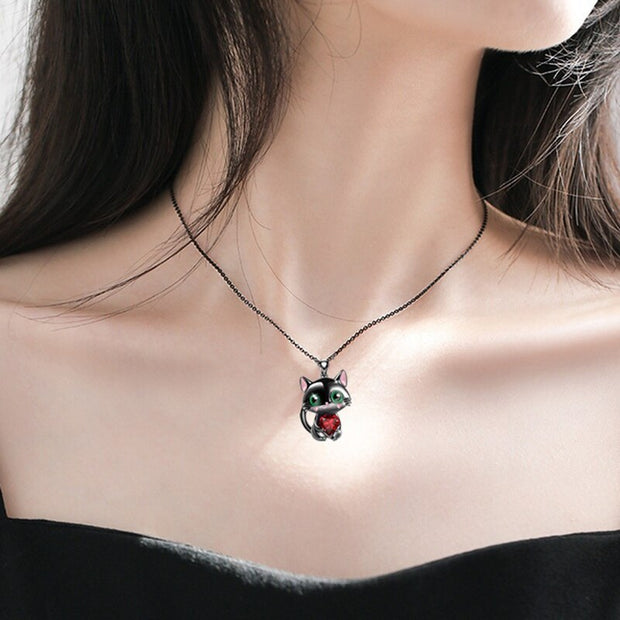 Luxury Designer Jewelry Black Cat Heart Crystal Necklace for Women Animal Lovely Cat Pendant Valentines Day Gift Collares Mujer