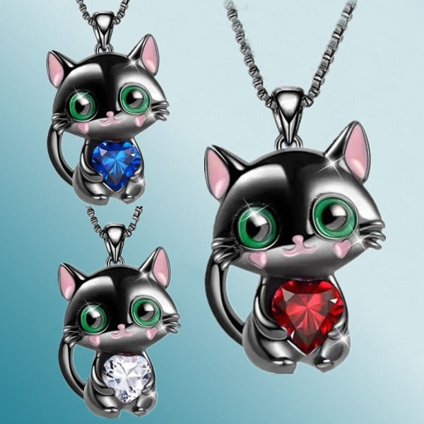 Luxury Designer Jewelry Black Cat Heart Crystal Necklace for Women Animal Lovely Cat Pendant Valentines Day Gift Collares Mujer