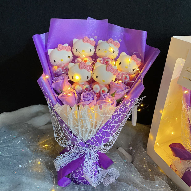 Led Light Hello Kitty Bouquet My Melody Cinnamoroll Kuromi Kawaii Plushie Toys Stuffed Flower Bunch For Girl Valentines Day Gift