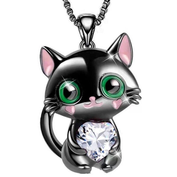 Luxury Designer Jewelry Black Cat Heart Crystal Necklace for Women Animal Lovely Cat Pendant Valentines Day Gift Collares Mujer