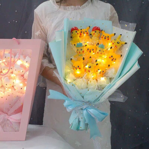 Led Light Hello Kitty Bouquet My Melody Cinnamoroll Kuromi Kawaii Plushie Toys Stuffed Flower Bunch For Girl Valentines Day Gift