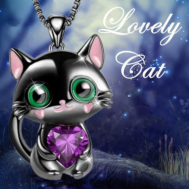 Luxury Designer Jewelry Black Cat Heart Crystal Necklace for Women Animal Lovely Cat Pendant Valentines Day Gift Collares Mujer