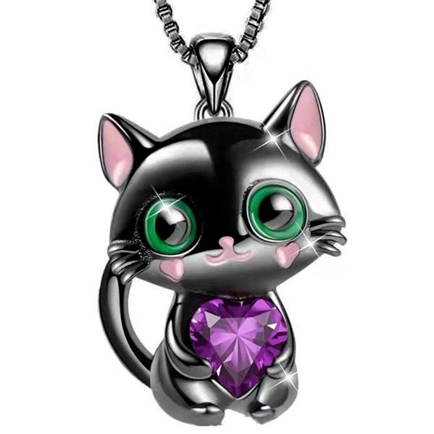 Luxury Designer Jewelry Black Cat Heart Crystal Necklace for Women Animal Lovely Cat Pendant Valentines Day Gift Collares Mujer