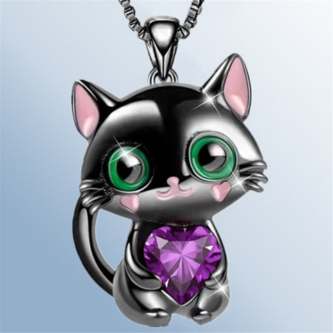 Necklace for Women Black Cat Heart Crystal Necklace for Women Animal Lovely Cat Pendant Valentines Day Gifts Collares Para Mujer